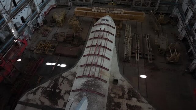 Aerial view of the abandoned Buran space shuttle inside a hangar at the Baikonur Cosmodrome in Karmakshy, Kyzylorda, Kazakhstan.
