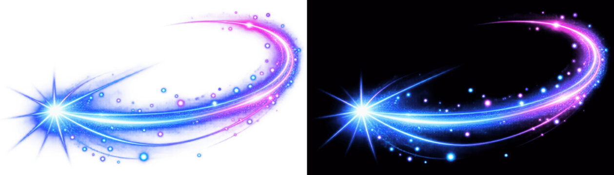 Glowing blue and pink magic light trail with sparkling star particles, dynamic swoosh motion effect, abstract energy swirl overlay isolated on transparent png background