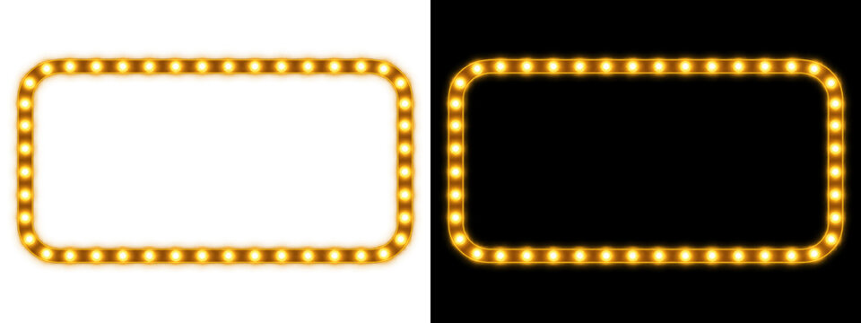 3D neon marquee light frame with glowing bulbs, golden vintage cinema sign isolated on transparent background for advertising banner, poster design, and festive party invitation graphics