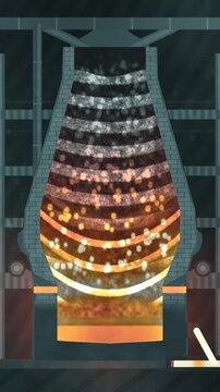 Blast furnace cutaway with descending ore and coke burden, rising hot gas countercurrent, glowing cohesive zone, seamless loop in vibrant slag tones vertical 9:16