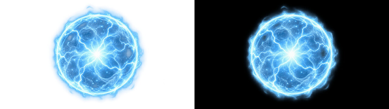 Blue glowing electric energy sphere with lightning bolts, 3D render of magical magic ball with plasma discharge and light particles isolated on transparent png background