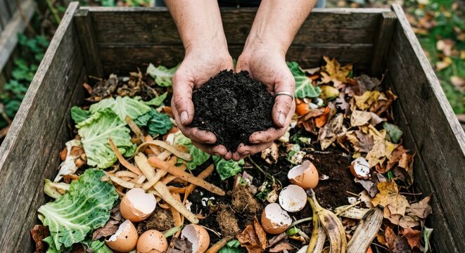 A person holding rich organic compost soil in hands over a wooden composting bin filled with kitchen food waste, vegetable scraps, and eggshells for sustainable gardening and recycling.
