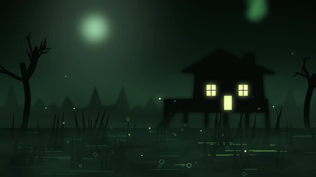 Witch Hut in the Swamp Halloween Background with Green Fog
