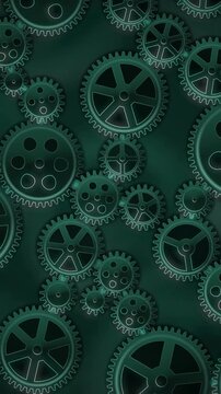 Interlocking Metal Gears Rotating Clockwork Mechanism Background Seamless Loop in deep emerald tones vertical 9:16