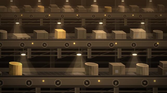 Factory Conveyor Belt Moving Cardboard Boxes On Industrial Production Line Seamless Loop in soft amber tones