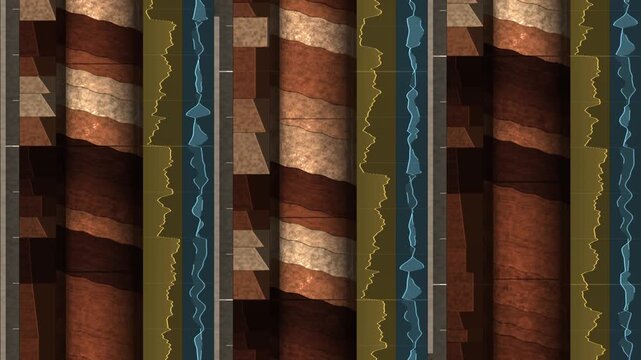 Geological drill core scrolling upward beside grain size and gamma ray wireline logs with lithology column in rich redbed tones