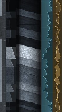 Geological drill core scrolling upward beside grain size and gamma ray wireline logs with lithology column in calm shale tones vertical 9:16