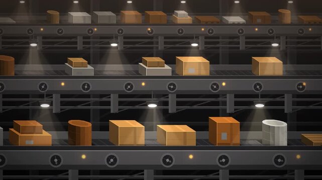 Factory Conveyor Belt Moving Cardboard Boxes On Industrial Production Line Seamless Loop in rich orange tones