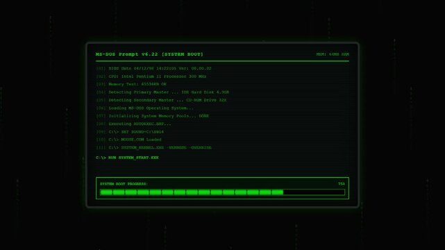 Retro internet loading animation with green terminal command windows