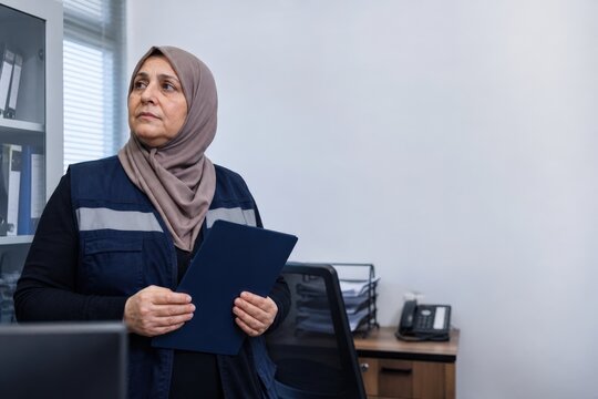 Middle Eastern health coordinator reviewing a closed folder for school asthma management readiness