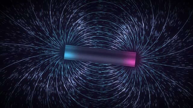 Magnetic Field Lines of a Bar Magnet Dipole with Iron Filings Physics Visualization Seamless Loop in subtle cyan tones
