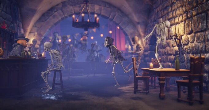 Funny Halloween party in dungeon pub with skeletons and zombies dancing, pumpkin head bartender at the bar and skeleton music band playing on stage, 3D animation
