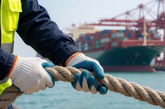 A port worker wears safety gloves while securing a thick mooring rope near a large container ship.