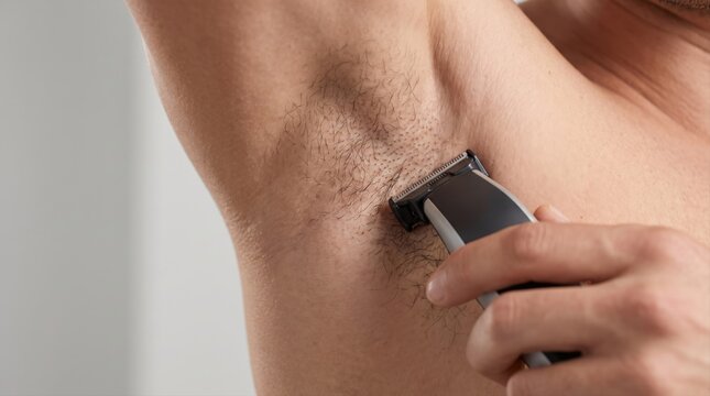 A close-up view of a person using an electric trimmer to shave hair from their underarm area.