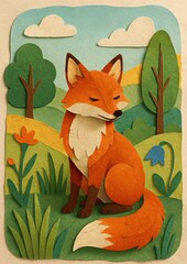 Fototapeta premium Whimsical fox paper art landscape
