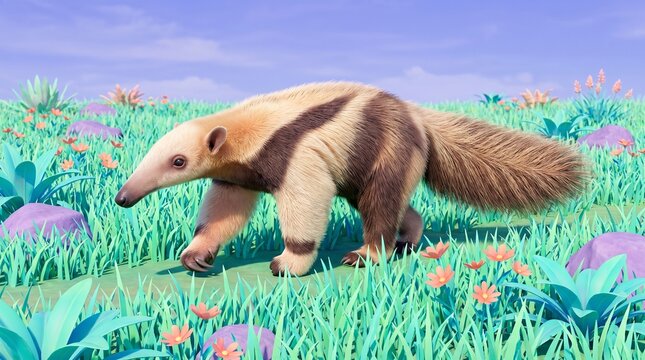 Adorable Baby Anteater Walking Across Grassland in Bold Pastel Colors &ndash; Cute Wildlife, Vibrant Tropical Nature and Colorful Landscape