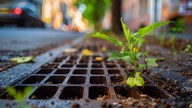 Green weed surviving and growing out of an urban street drain grate