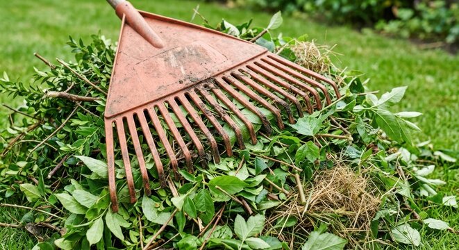 Orange leaf rake sitting on a pile of fresh garden clippings, green hedge trimmings, and dry grass in a backyard lawn, concept of seasonal garden maintenance and landscape waste cleaning.
