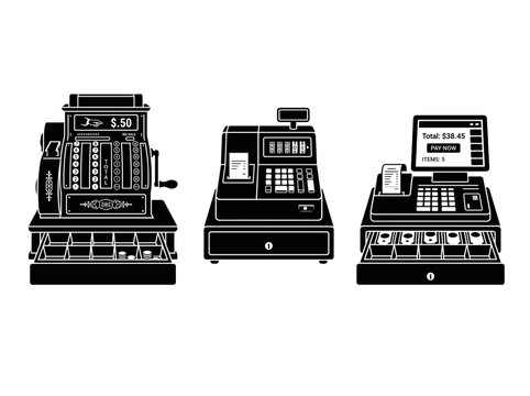 vector Evolution of the Cash Register From Vintage Mechanical to Modern Electronic Point of Sale Systems Silhouette on transparent background