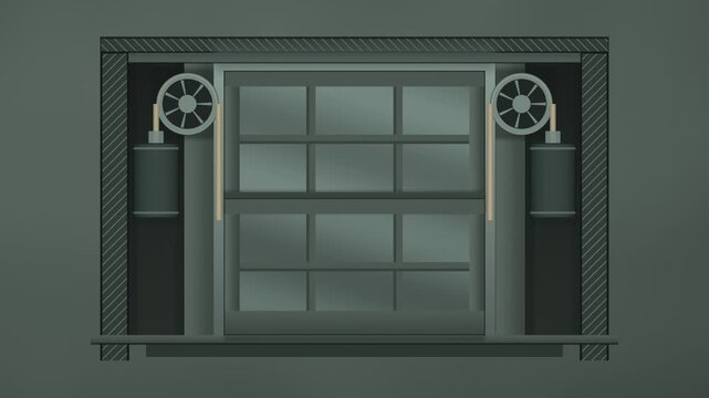 Sash Window Counterweight and Pulley Mechanism Revealed in a Cutaway Wall Section, Seamless Loop in deep grey tones