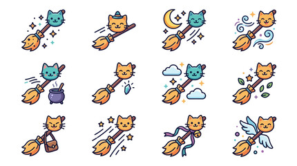 Obraz premium Cute Cat Witch Flying Broomstick Icons Set.