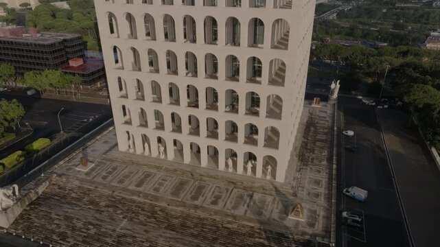 Aerial view of the iconic Palazzo della Civilta Italiana featuring its distinctive arched facade and symmetrical design in Roma, Lazio, Italy.