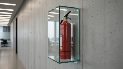 Obraz premium Safety - Red fire extinguisher in a glass case on a modern concrete wall in an office
