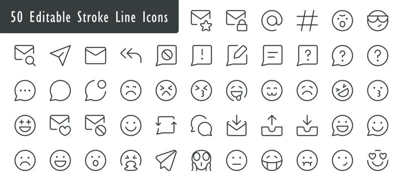 Minimalist 50 Editable Stroke Line Icons Set, Modern Messaging and Email Communication Vector Symbols, Outline UI UX Web Design Icon Pack
