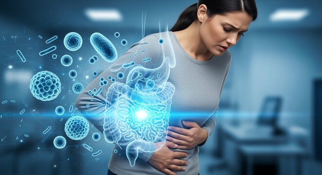 Woman Suffering from Severe Abdominal Pain with Digestive System Microbial Visualization Diagnostic
