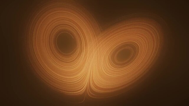 Chaotic Strange Attractor Light Trails Flowing Through Rotating 3D Phase Space seamless loop in vibrant amber tones