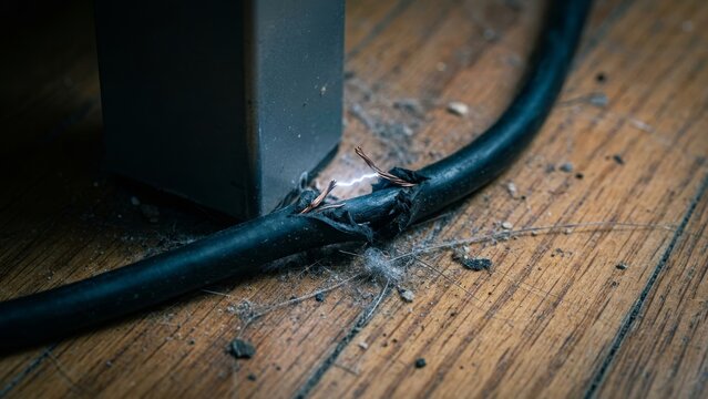 Safety - Damaged electrical cord with exposed sparking wires on wooden floor