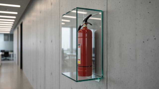 Safety - Red fire extinguisher in a glass case on a modern concrete wall in an office