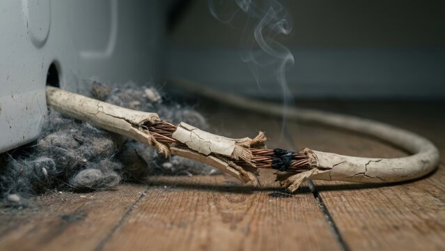 Safety - Damaged electrical cord sparking and smoking near lint