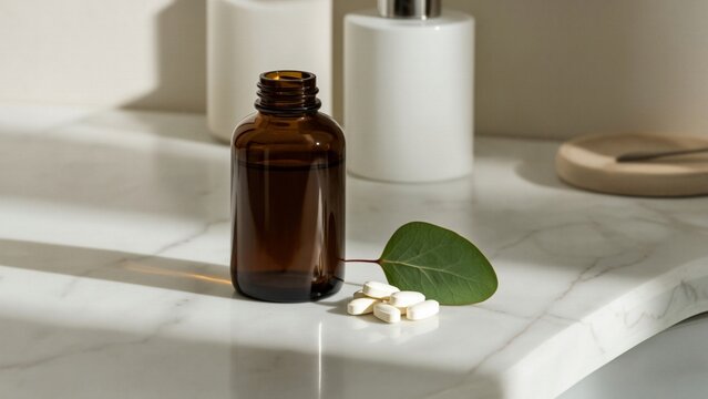 Medical - Amber glass bottle with pills and green leaf on marble countertop