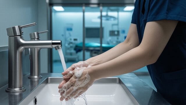 Medical - Asian nurse washing hands with soap under running water in hospital