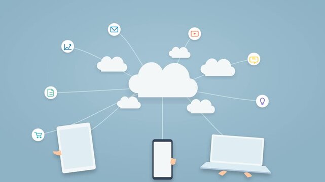 Modern business technology concept showing people working with tablet, smartphone, and laptop devices connected through a cloud-based digital network. Abstract online business ecosystem with communica