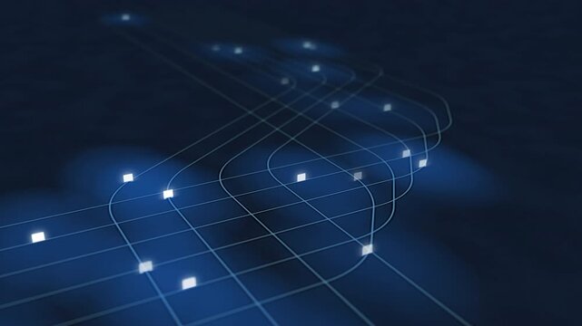 Glowing Blue Circuit Paths on a Reflective Floor