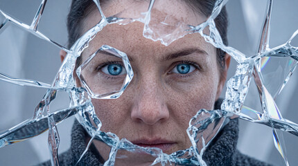 Obraz premium Close up portrait of a serious woman with striking blue eyes and freckles looking through a sheet of shattered broken glass, conceptual image representing mental health, trauma and resilience