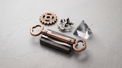 Obraz premium Conceptual still life featuring an antique double-headed bronze key on a wooden base, alongside a metallic gear, a navigational sextant, and a glass prism over a textured stone surface.