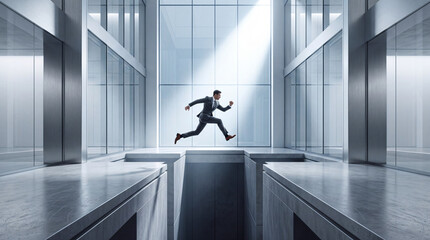 Obraz premium Determined businessman in a formal suit jumping over a deep gap between modern corporate office buildings, symbolizing career ambition, risk-taking, overcoming obstacles, and professional success.