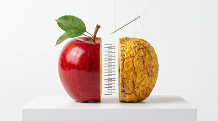 Obraz premium Conceptual Art of a Fresh Red Apple Half Being Stitched Together with a Withered Yellow Decaying Half Using Metal Staples and Needle, Symbolizing Aging, Preservation, and Transformation