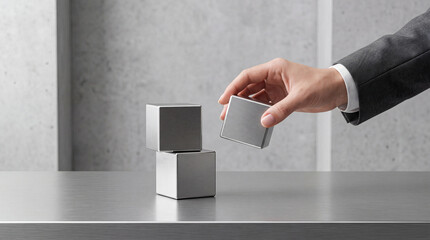 Obraz premium Businessman hand stacking brushed metal cubes on a sleek grey surface, representing corporate growth, strategic planning, building foundation, and professional development in a modern office.