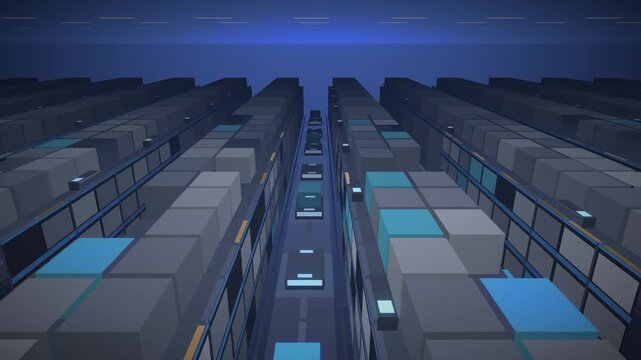 Automated warehouse racking aisles with robotic shuttles moving cargo boxes seamless loop in calm cyan tones