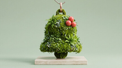 Obraz premium Eco-friendly Christmas bell ornament crafted from lush green moss, ferns, and small plants decorated with red berries, hanging on a metal hook over a stone base against a soft green background