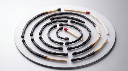 Obraz premium Conceptual abstract image of burnt matchsticks arranged in concentric circles with unburnt matches, representing social distancing, safety, and breaking the chain of a reaction.