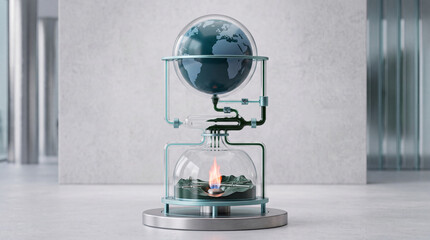 Obraz premium Conceptual representation of global warming and climate change featuring a glass globe connected to a laboratory heating apparatus, symbolizing environmental fragility and energy crisis.
