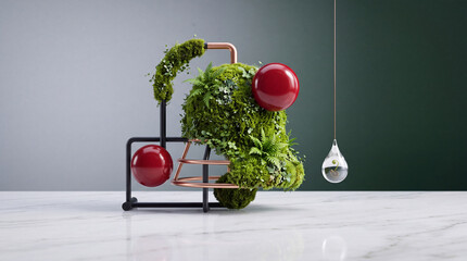 Obraz premium Conceptual biophilic art installation featuring lush green moss, ferns, and red spheres on a minimalist copper frame with a hanging glass water drop containing a sprout on marble surface