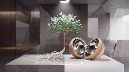 Obraz premium Conceptual Artificial Tree with Metallic Leaves and Exposed Roots Standing Next to a Split Decorative Sphere on a Modern Table in a Minimalist Architectural Environment - Growth and Innovation
