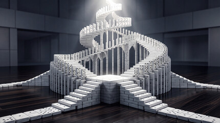 Obraz premium Complex conceptual 3D illustration of a grand spiral staircase and intricate architectural structure meticulously built from white marble dominoes leading upward toward a bright glowing light.