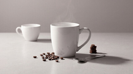 Obraz premium Minimalist composition of a steaming white ceramic mug of coffee with roasted beans and a spoon on a neutral background, creating a cozy morning atmosphere or office break concept.